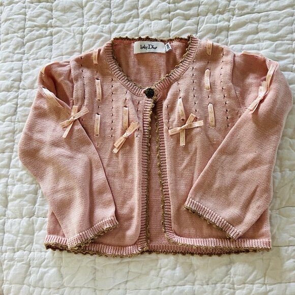 Baby Dior Girls Pink Cardigan sz 24 mo Cotton Ribbons One Button Girly Delicate - Picture 1 of 7
